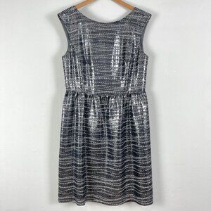 Antonio Melani Size 10, silver metallic fabric pattern knee length dress, EUC